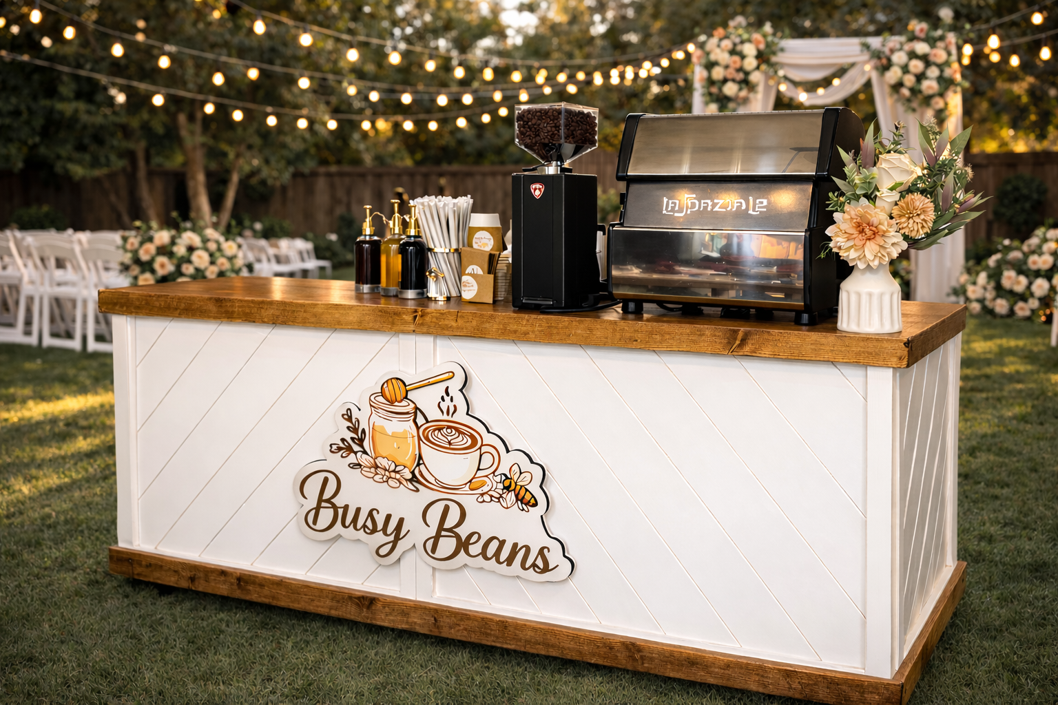 Busy Beans coffee cart set up at a New Jersey wedding with string lights