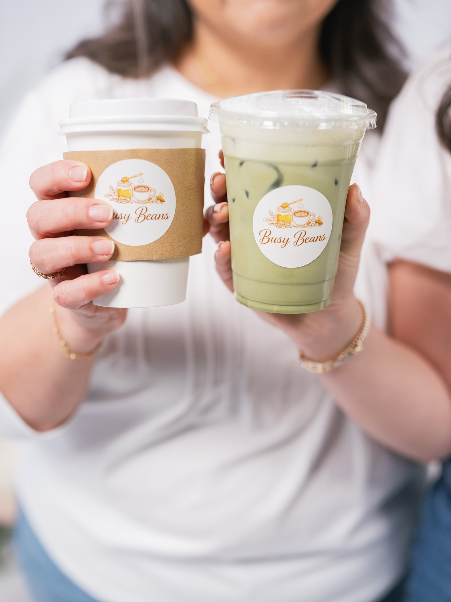 Branded Busy Beans iced latte close up